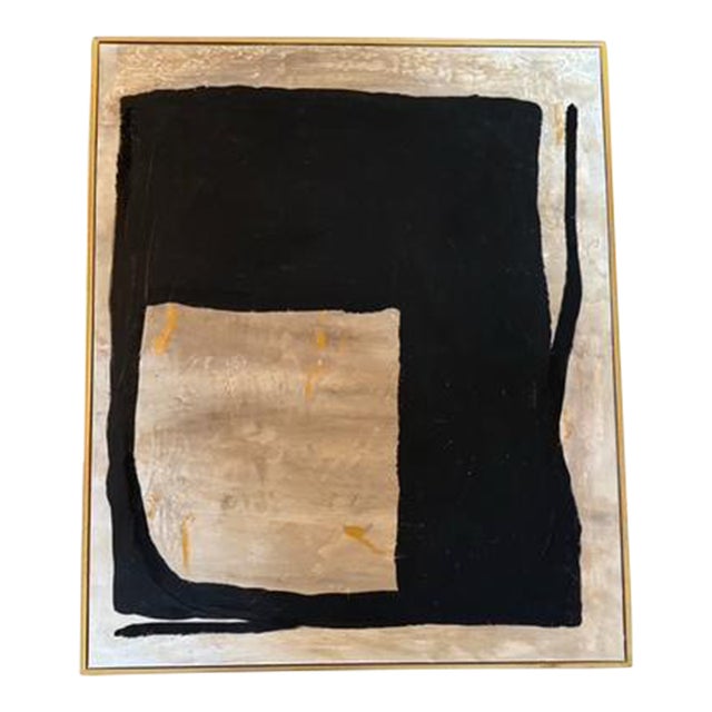 Original Modern Abstract Black & Neutral Painting With Gold Frame – 24” X 20” by Artist "Marek" For Sale