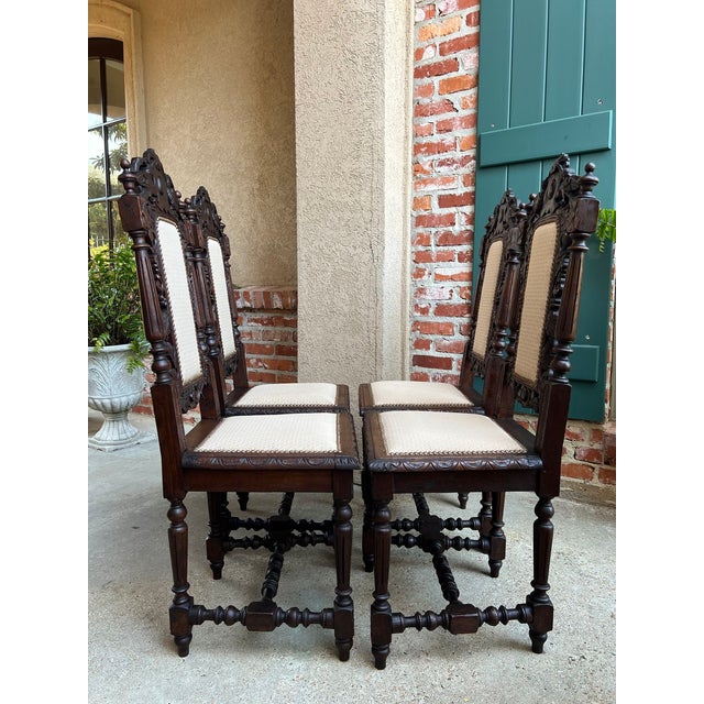 Set 4 Antique French Dining Chairs Renaissance Carved Oak Bird Black Forest For Sale - Image 9 of 12