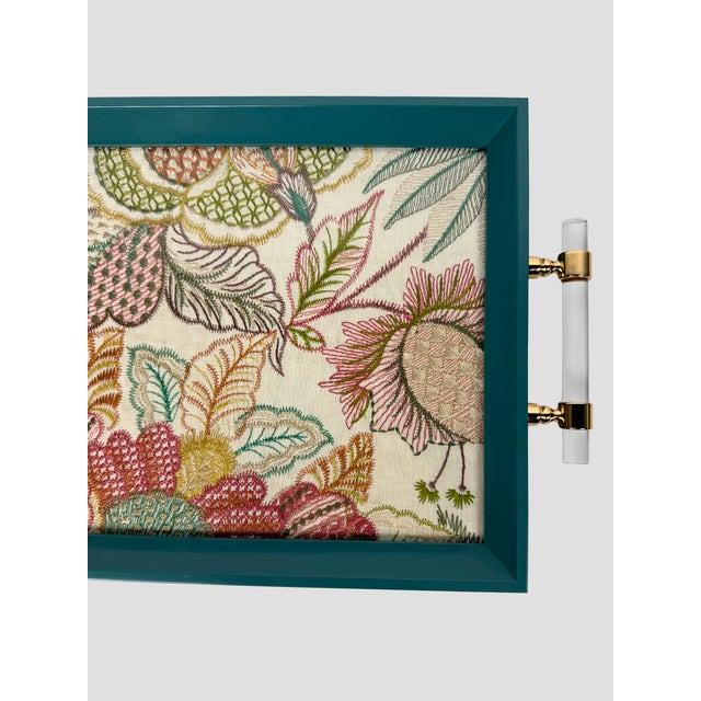 Custom Tray Lee Jofa Embroidered Linen Teal For Sale - Image 10 of 11