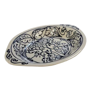 Studio Art Pottery Casserole 3-D Raised Floral Navy Blue White 13"