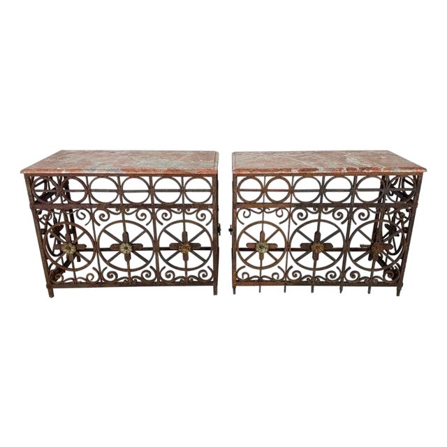 Pair of Italian Wrought Iron Consoles With Rosso Verona Marble Tops For Sale