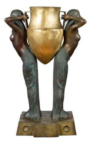 Bronze Egyptian Style Planter Depicting Two Maiden Carrying a Large Golden Urn