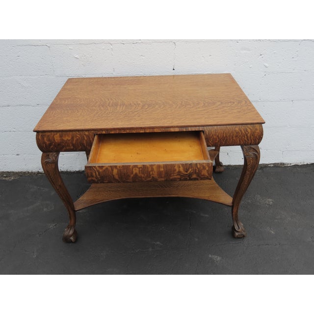Traditional Early 1900s Ball and Claw Feet Tiger Oak Writing Office Desk Library Table 6410 For Sale - Image 3 of 17
