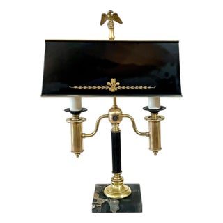 Vintage Black Tole and Brass Bouillote Lamp With Marble Base For Sale
