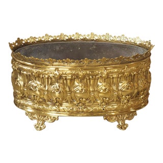 Antique French Polished Brass Repoussé Jardiniere, Circa 1900 For Sale