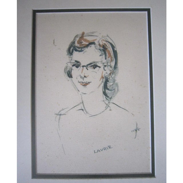 Mid-Century Modern 1960s "Laurie" Watercolor and Ink Portrait Painting, Framed For Sale - Image 3 of 7