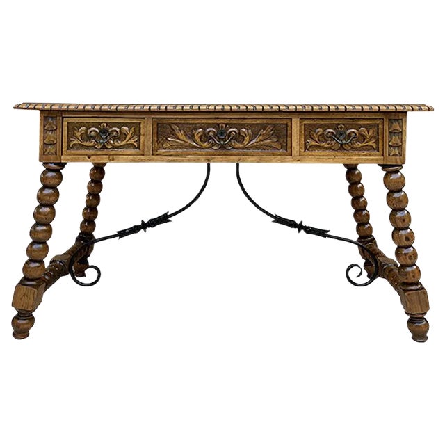 19th-Century French Hand Carved Oak Desk with Iron Stretcher & Solomonic Legs For Sale