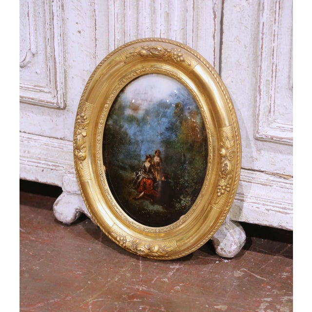 This elegant antique French fixè sous verre painting was crafted circa 1880 during the Napoleon III period and features a...