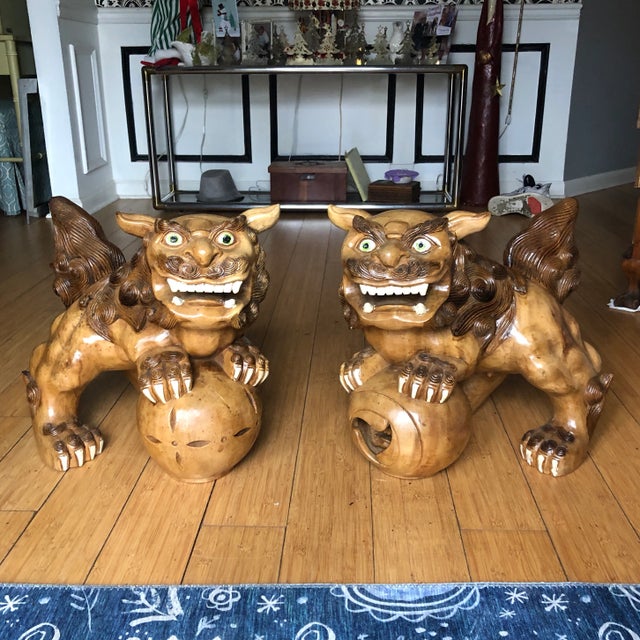 1960s Hand Carved Foo Dog Figurines Chairish