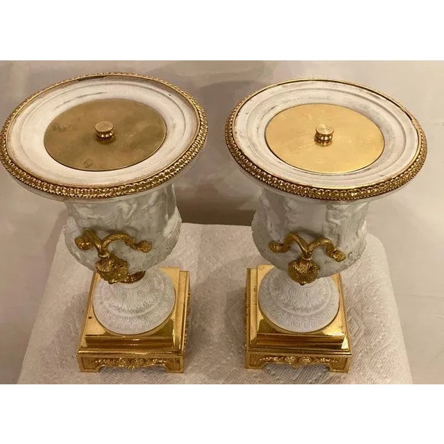 Metal Neoclassical Sevres Parian and Doré Bronze Mounted Urns or Vases 1920s a Pair For Sale - Image 7 of 11