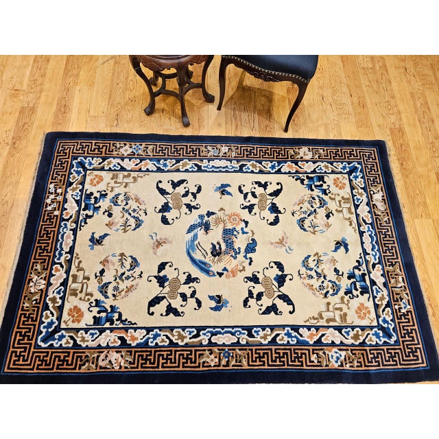 Textile Vintage Chinese Art Deco Area Rug, Hand-Knotted Wool Pile, Ivory Field, 5' x 7' For Sale - Image 7 of 16