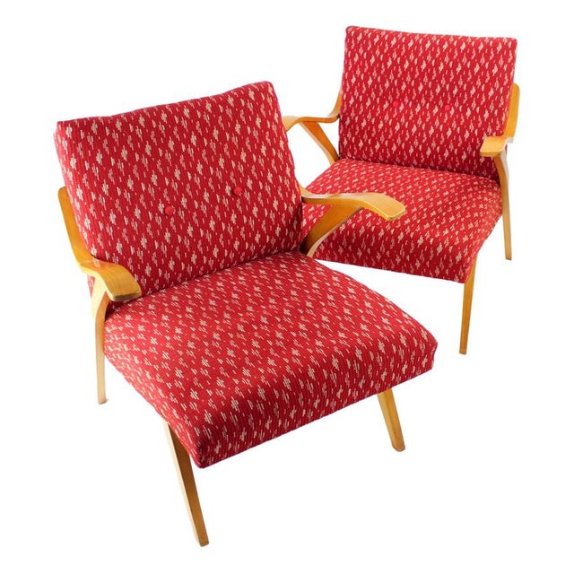 Mid-Century Czechoslovakian Armchair in Original Red Fabric and Blonde Wood, 1960s For Sale - Image 13 of 13