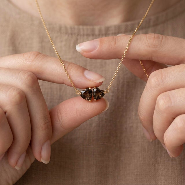 Contemporary Smoky Quartz Heart Necklace | Brown Gemstone Hear Shape Necklace | Heart Neckalce Birthday Gift For Sale - Image 3 of 3