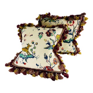 Lee Jafa Hand Printed Tasseled Linen Pillows/a Pair For Sale