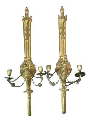 Italian Neoclassical Gold Gilt Wood Sconces With Tassels - a Pair