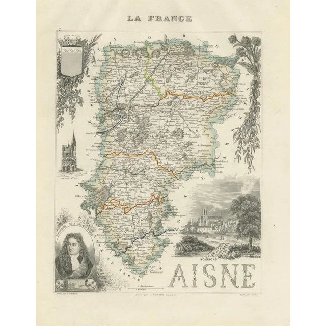 Cream Map of Aisne France with Soissons and Champagne Vineyards by Vuillemin, 1800s For Sale - Image 8 of 10