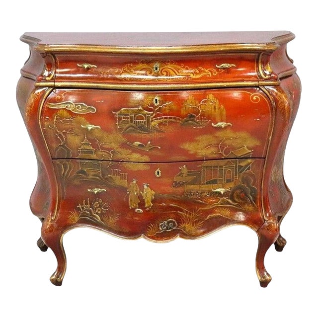 Red Lacquer & Scenic Chinoiserie Decorated 3-Drawer Bombay Chest C1920 For Sale