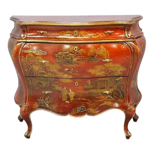 Red Lacquer & Scenic Chinoiserie Decorated 3-Drawer Bombay Chest C1920