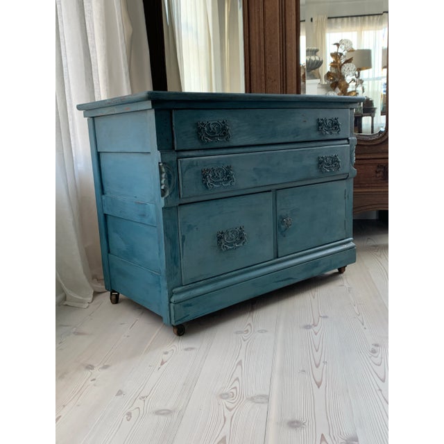 Late 19th Century Antique Oak Petite Chest in Blue Paint For Sale - Image 5 of 12
