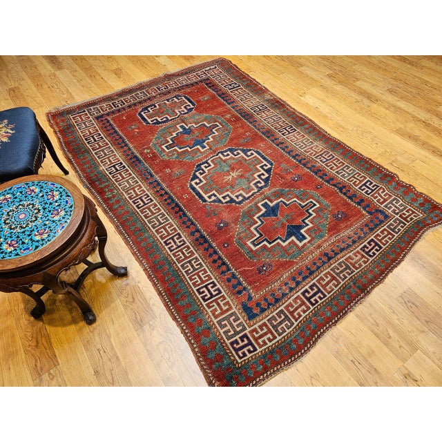 Red Antique Caucasian Kazak Rug, Handwoven Wool, Geometric Medallion Design, Red & Ivory, 5' x 7' For Sale - Image 8 of 17