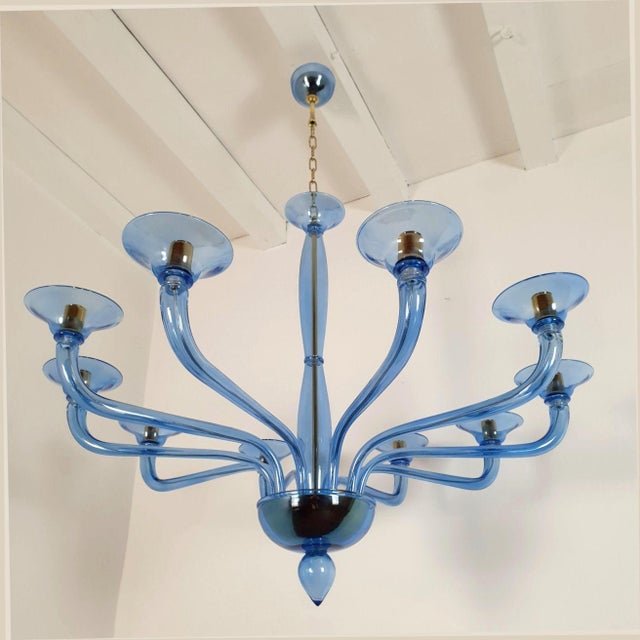 1980s Large Mid-Century Modern Blue Murano Glass Chandelier For Sale - Image 4 of 12
