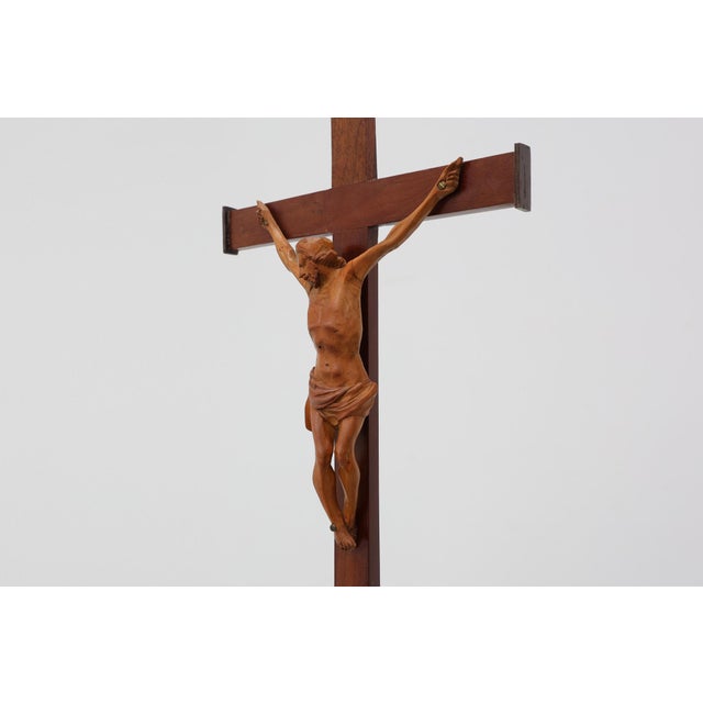 Early 20th Century Table Crucifix with Carved Wooden Corpus on Ball and Plinth, Belgium, 1900s For Sale - Image 5 of 12