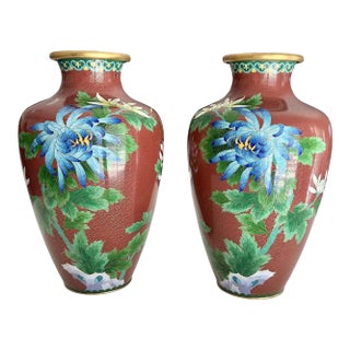 Pair Chinese Cloisonné Floral Vases For Sale