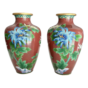 Pair Chinese Cloisonné Floral Vases