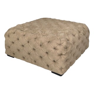 Italian Modern Squared Pouf in Beige Suede with Buttons, 1990s For Sale