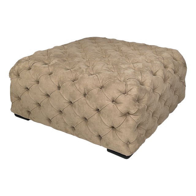 Italian Modern Squared Pouf in Beige Suede with Buttons, 1990s For Sale