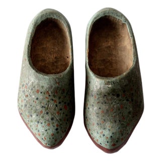 Antique Hand Painted Children's Wooden Clogs For Sale