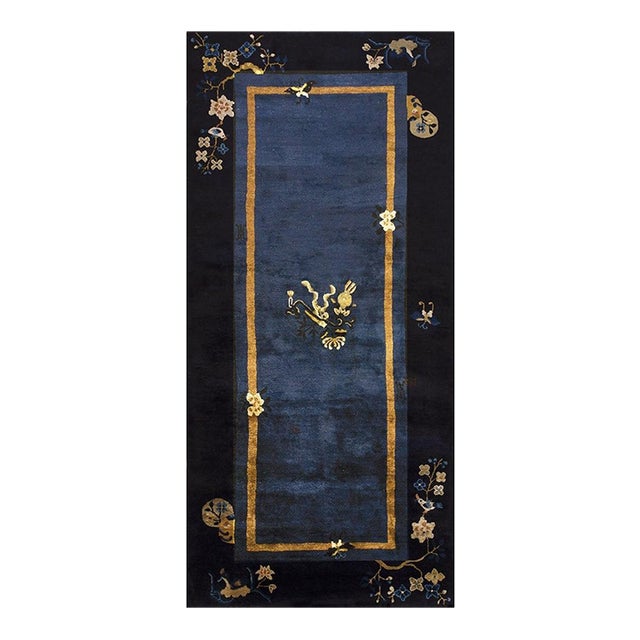 1920s Traditional Navy Blue Floral Sprays & Butterflies Deco Chinese Peking Rug For Sale