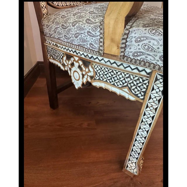 Mid 20th Century Handcrafted Syrian Mother of Pearl & Abalone Inlaid Moorish Armchair | Damascus Style | Carved Hardwood Accent Chair For Sale - Image 4 of 12