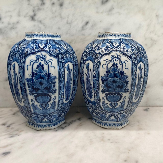 18th Century Large Dutch Hand Painted Blue and White Delft Jars -A Pair For Sale In Portland, ME - Image 6 of 12
