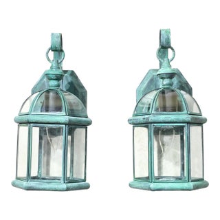 Small Pair of Vintage-Style Solid Brass Wall Lanterns Sconces- 12”25 X 6” X6” For Sale