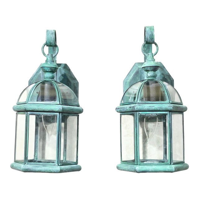 Small Pair of Vintage-Style Solid Brass Wall Lanterns Sconces- 12”25 X 6” X6” For Sale