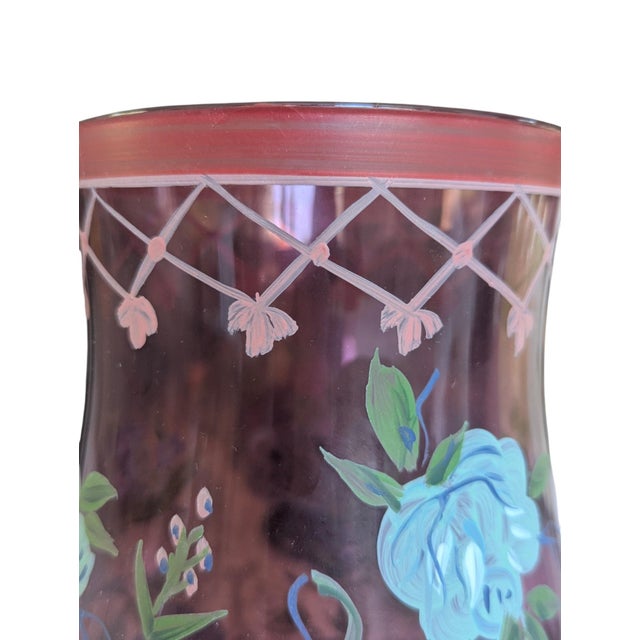 Glass Vintage Hand Painted Purple Glass Hurricanes- A Pair For Sale - Image 7 of 17