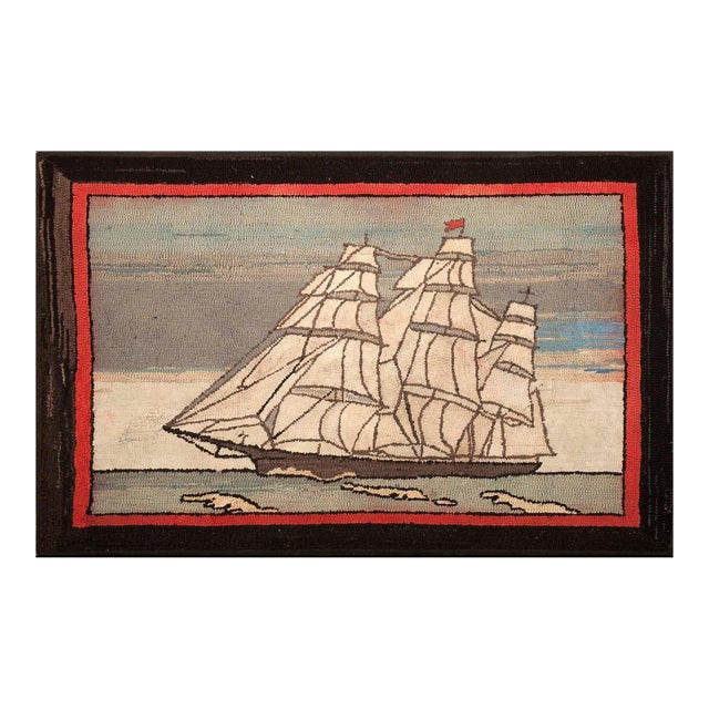 1930s Gray Nautical Scene Folk Art Antique American Hooked Rug 2'7" X 4'2" Handknotted Wool Carpet For Sale