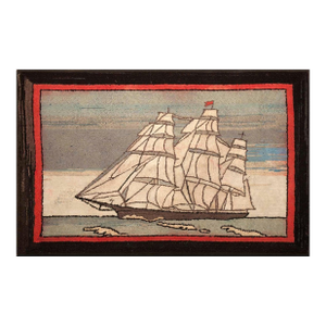 1930s Gray Nautical Scene Folk Art Antique American Hooked Rug 2'7" X 4'2" Handknotted Wool Carpet