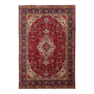 Medallion Designed Vintage Persian Tabriz Wool Rug in Red For Sale