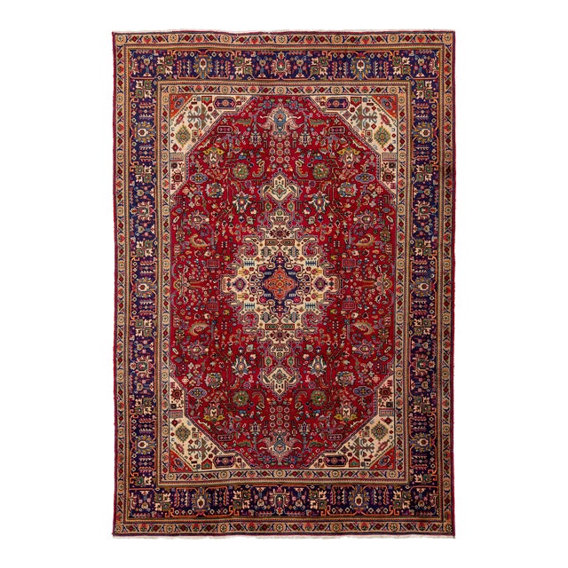 Medallion Designed Vintage Persian Tabriz Wool Rug in Red For Sale