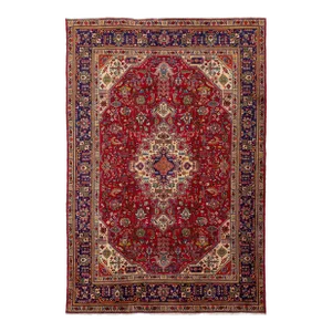 Medallion Designed Vintage Persian Tabriz Wool Rug in Red