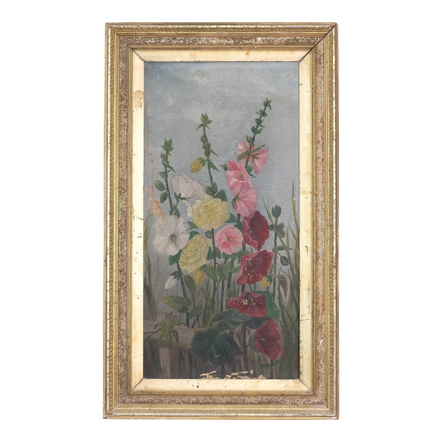 Antique Floral Hollyhocks Oil Painting For Sale