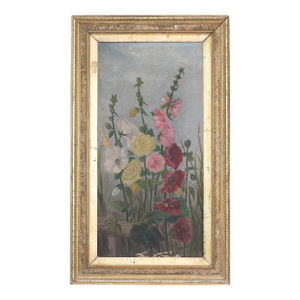 Antique Floral Hollyhocks Oil Painting