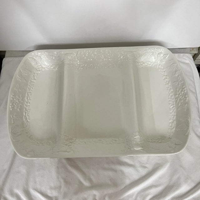 Large white Italian divided platter by Studio Nova. Garden Harmony pattern is a outer border of birds, berries and leaves...