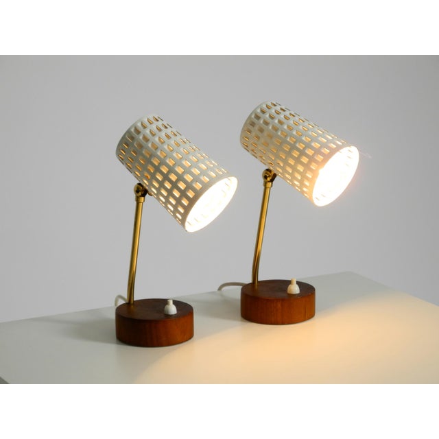 Metal Mid-Century Modern Bedside Lamps with Perforated Metal Shades and Teak Bases, 1950s, Set of 2 For Sale - Image 7 of 18
