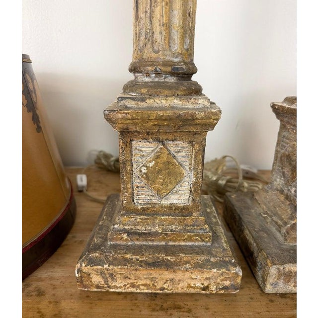 Mid 20th Century Italian Neoclassical Corinthian Column Table Lamps Distressed Giltwood - a Pair For Sale - Image 13 of 15