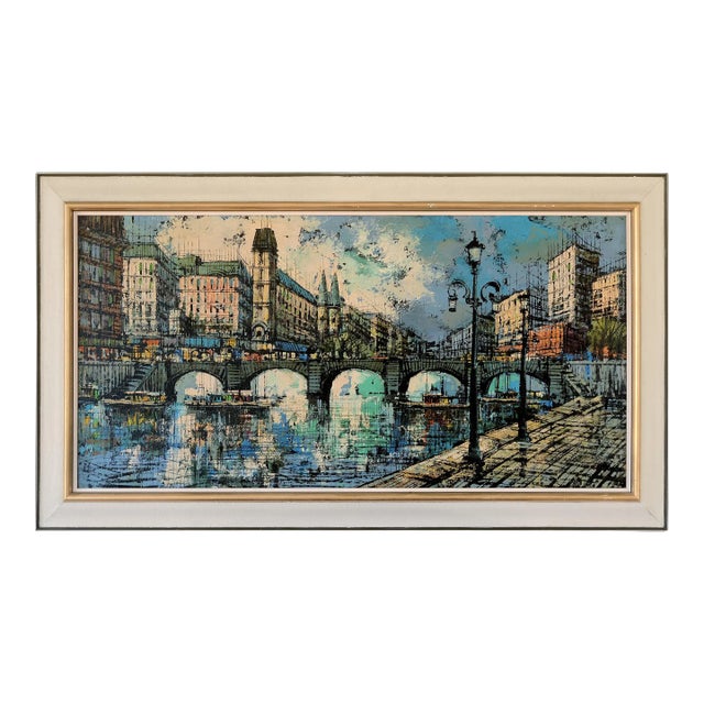 Large Mid Century Brutalist Style Paris Bridge Scene Painting For Sale