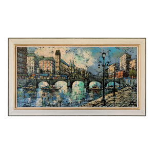 Large Mid Century Brutalist Style Paris Bridge Scene Painting