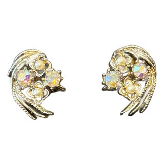 Vintage Signed Coro Aurora Borealis Rhinestone & Faux Pearl Clip-on Earrings | Mid-Century 1950s Costume Jewelry, A Pair For Sale